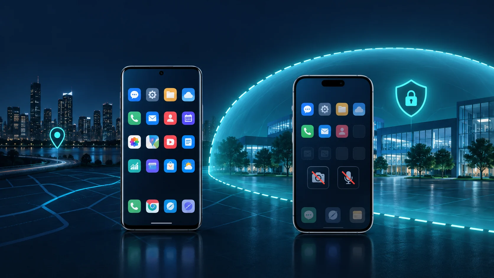 Managed phone outside a selected zone with approved applications and inside a protected zone with restricted applications